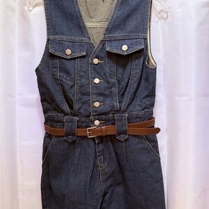Denim Sleeveless Jumpsuit with Brown Belt